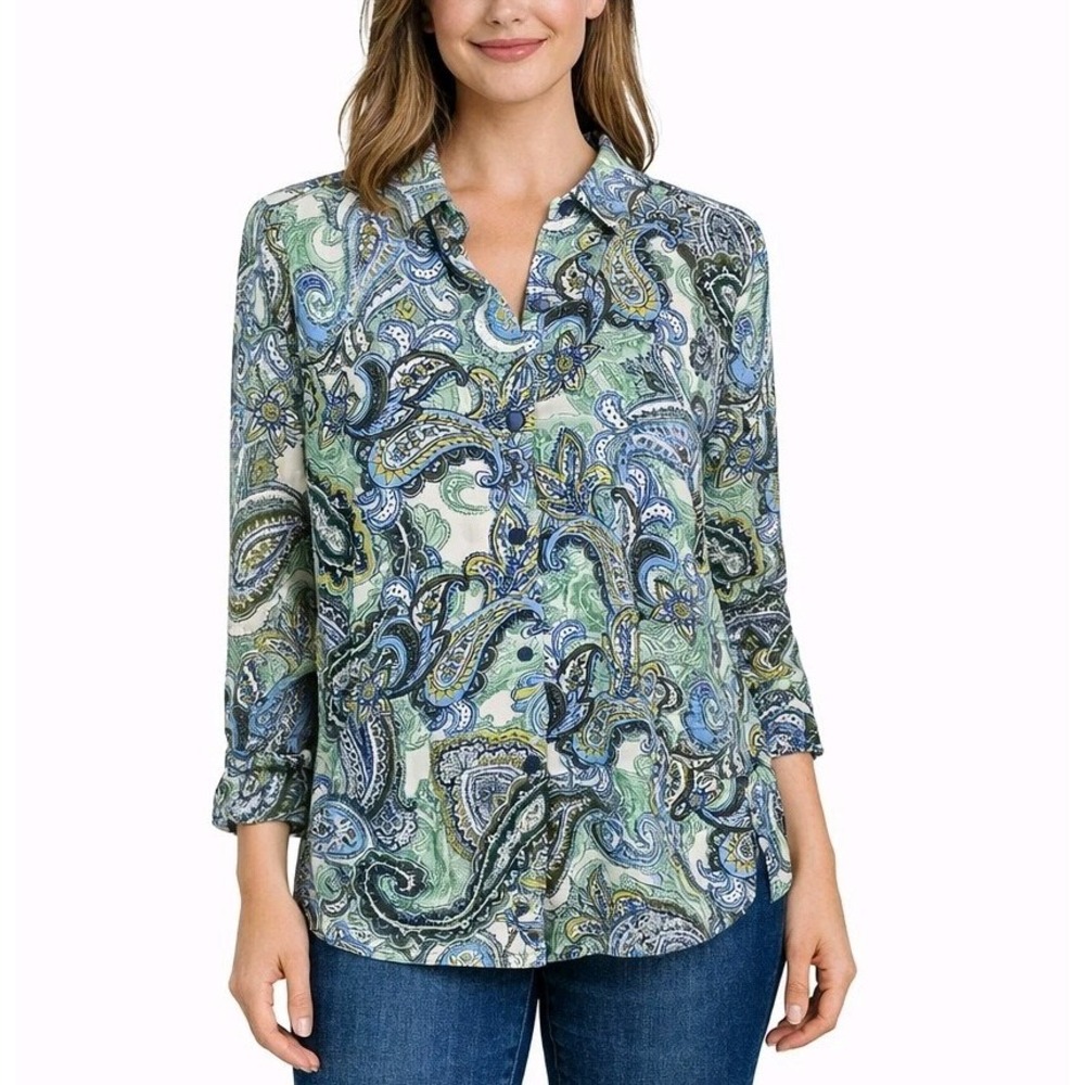 SUSAN GRAVER‎ Size 8 Green Blue Paisley Roll Tab Sleeve Button Down Tunic Blouse